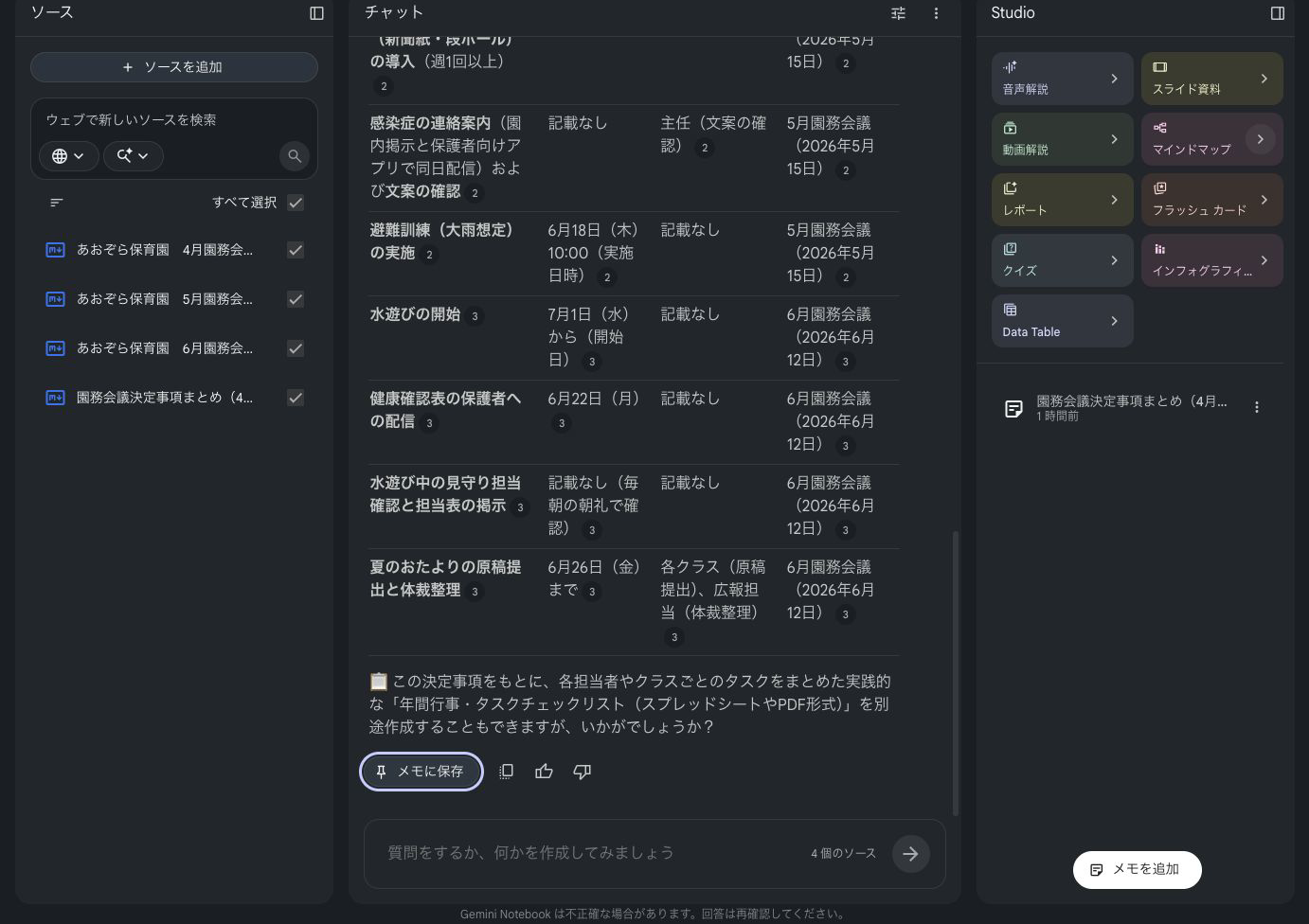 Gemini Notebookの全体画面で、回答の下にメモに保存ボタンがある場所